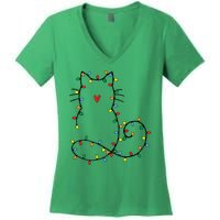 Cute Cat Christmas Light Graphic Cat Black Xmas Holiday Gift Women's V-Neck T-Shirt