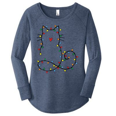 Cute Cat Christmas Light Graphic Cat Black Xmas Holiday Gift Women's Perfect Tri Tunic Long Sleeve Shirt