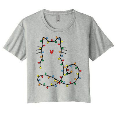 Cute Cat Christmas Light Graphic Cat Black Xmas Holiday Gift Women's Crop Top Tee