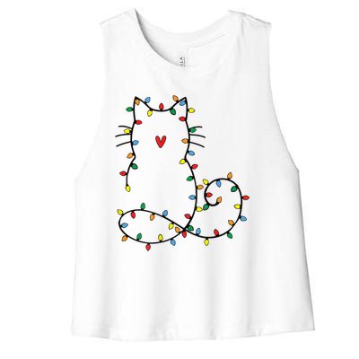 Cute Cat Christmas Light Graphic Cat Black Xmas Holiday Gift Women's Racerback Cropped Tank