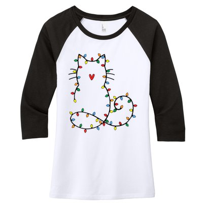 Cute Cat Christmas Light Graphic Cat Black Xmas Holiday Gift Women's Tri-Blend 3/4-Sleeve Raglan Shirt