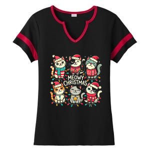 Cute Christmas Cats In Festive Outfits Design With Holiday Ladies Halftime Notch Neck Tee