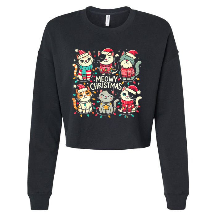 Cute Christmas Cats In Festive Outfits Design With Holiday Cropped Pullover Crew