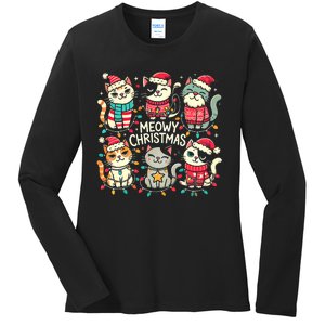 Cute Christmas Cats In Festive Outfits Design With Holiday Ladies Long Sleeve Shirt