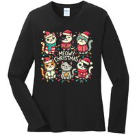 Cute Christmas Cats In Festive Outfits Design With Holiday Ladies Long Sleeve Shirt