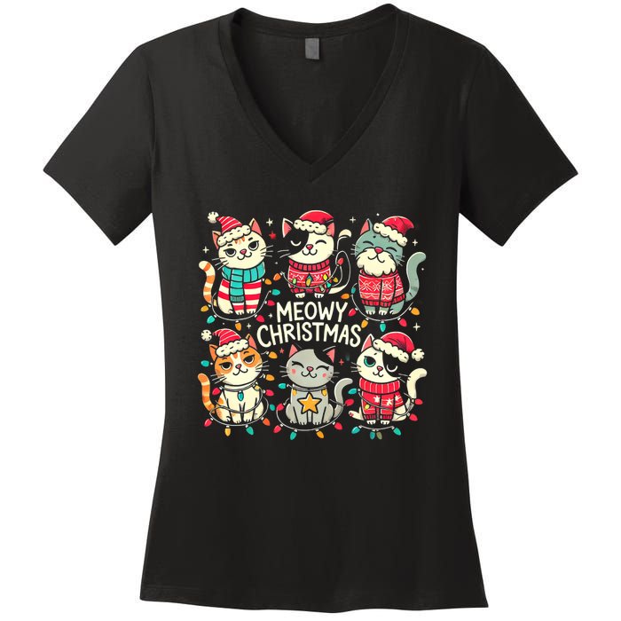 Cute Christmas Cats In Festive Outfits Design With Holiday Women's V-Neck T-Shirt