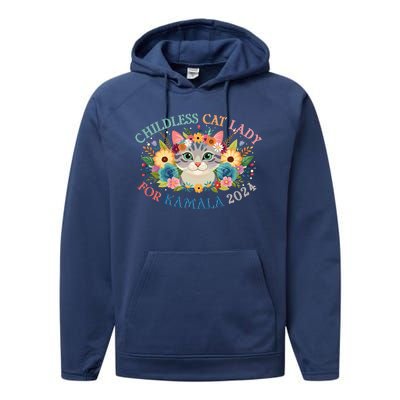 Cute Childless Cat Lady For Kamala Harris 2024 Election Performance Fleece Hoodie