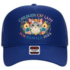 Cute Childless Cat Lady For Kamala Harris 2024 Election High Crown Mesh Back Trucker Hat