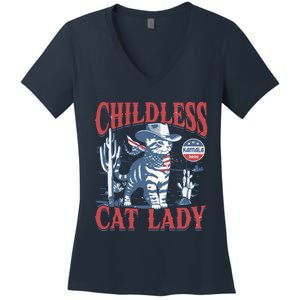 Cowboy Cat Childless Cat Lady For Kamala Election Voting Women's V-Neck T-Shirt