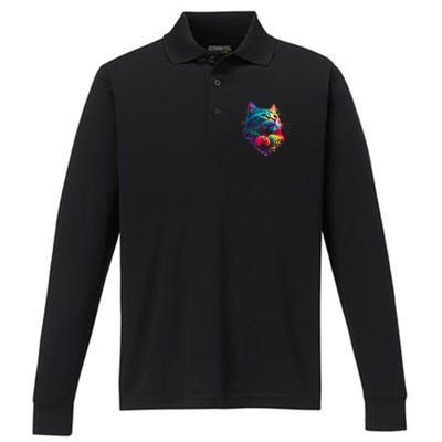 Cute Colorful Cat For Women's For Cat Lover Performance Long Sleeve Polo