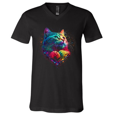 Cute Colorful Cat For Women's For Cat Lover V-Neck T-Shirt