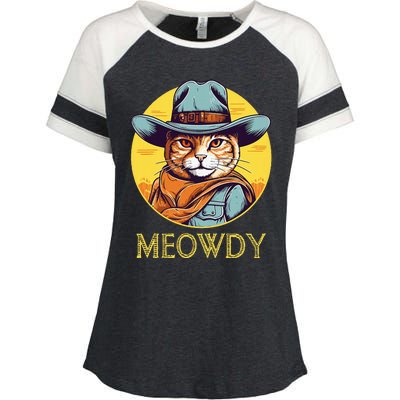 Cat Cowboy Cowgirl Halloween Meow Howdy Meowdy Enza Ladies Jersey Colorblock Tee