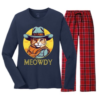 Cat Cowboy Cowgirl Halloween Meow Howdy Meowdy Women's Long Sleeve Flannel Pajama Set 