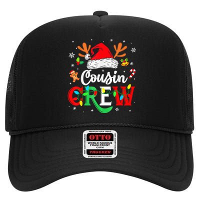 Christmas Cousin Crew Reindeer Santa Hat Lights Kid Teens High Crown Mesh Back Trucker Hat