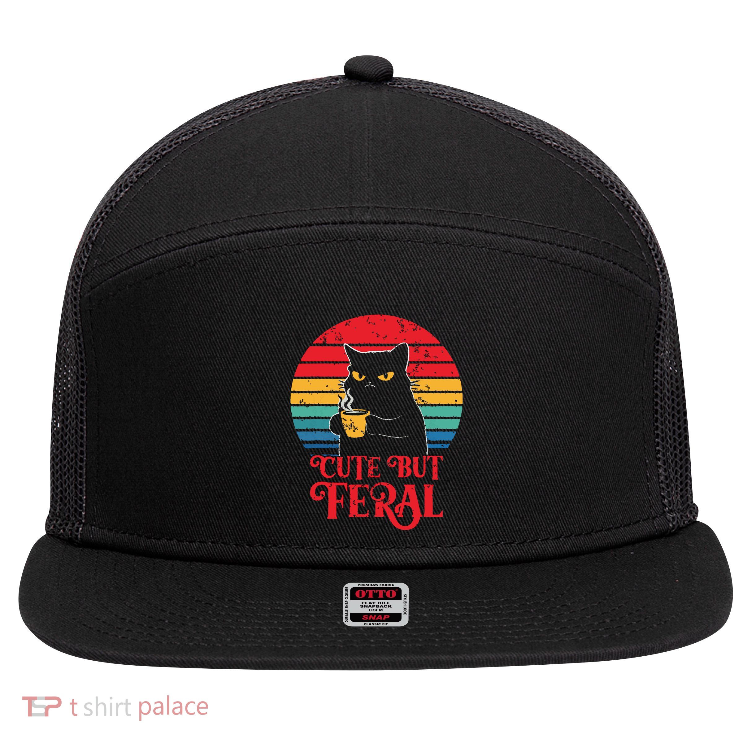 Cute Cat Cute But Feral Coffee Lover Design For Girl Women 7 Panel Mesh Trucker Snapback Hat