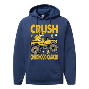 Crush Childhood Cancer Awareness Monster Truck Dinosaur Gift Performance Fleece Hoodie