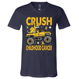 Crush Childhood Cancer Awareness Monster Truck Dinosaur Gift V-Neck T-Shirt