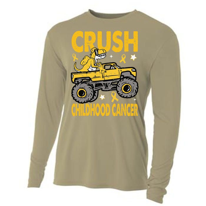 Crush Childhood Cancer Awareness Monster Truck Dinosaur Gift Cooling Performance Long Sleeve Crew