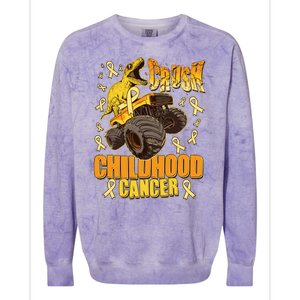 Crush Childhood Cancer Trex Dinosaur Monster Truck Wear Yellow Gold Colorblast Crewneck Sweatshirt