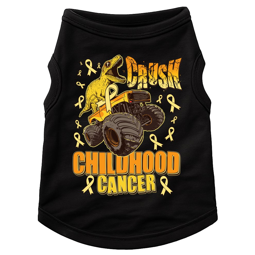 Crush Childhood Cancer Trex Dinosaur Monster Truck Wear Yellow Gold Doggie Tank