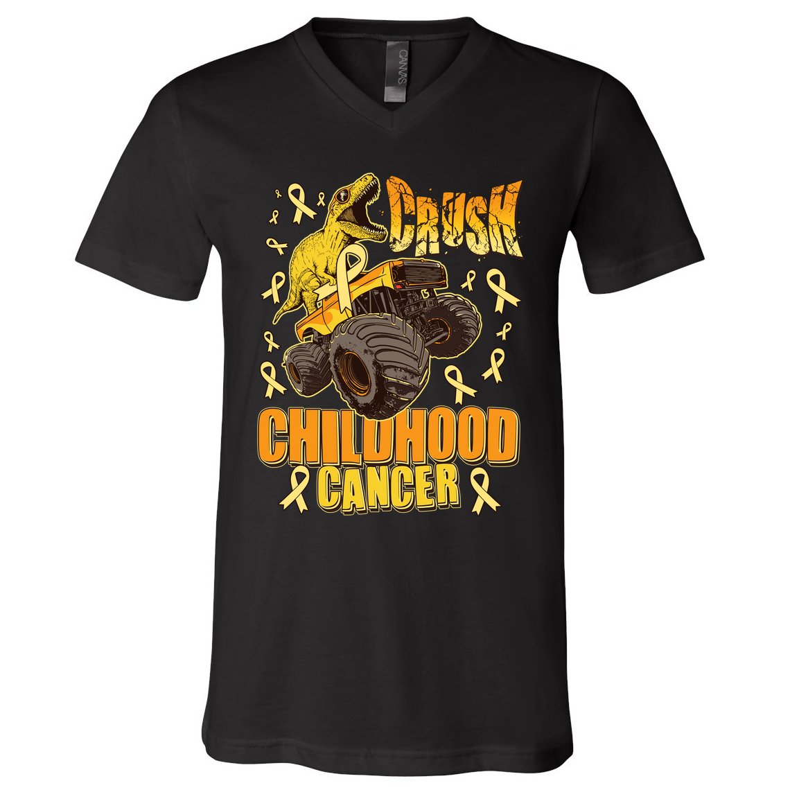 Crush Childhood Cancer Trex Dinosaur Monster Truck Wear Yellow Gold V-Neck T-Shirt