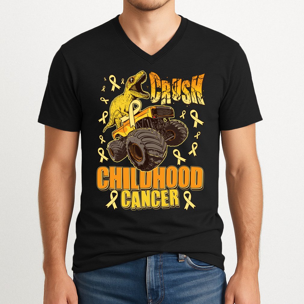 Crush Childhood Cancer Trex Dinosaur Monster Truck Wear Yellow Gold V-Neck T-Shirt