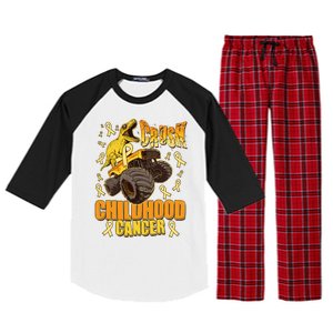 Crush Childhood Cancer Trex Dinosaur Monster Truck Wear Yellow Gold Raglan Sleeve Pajama Set