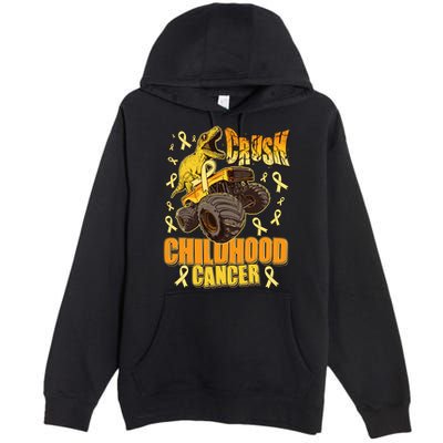 Crush Childhood Cancer Trex Dinosaur Monster Truck Wear Yellow Gold Premium Pullover Hoodie