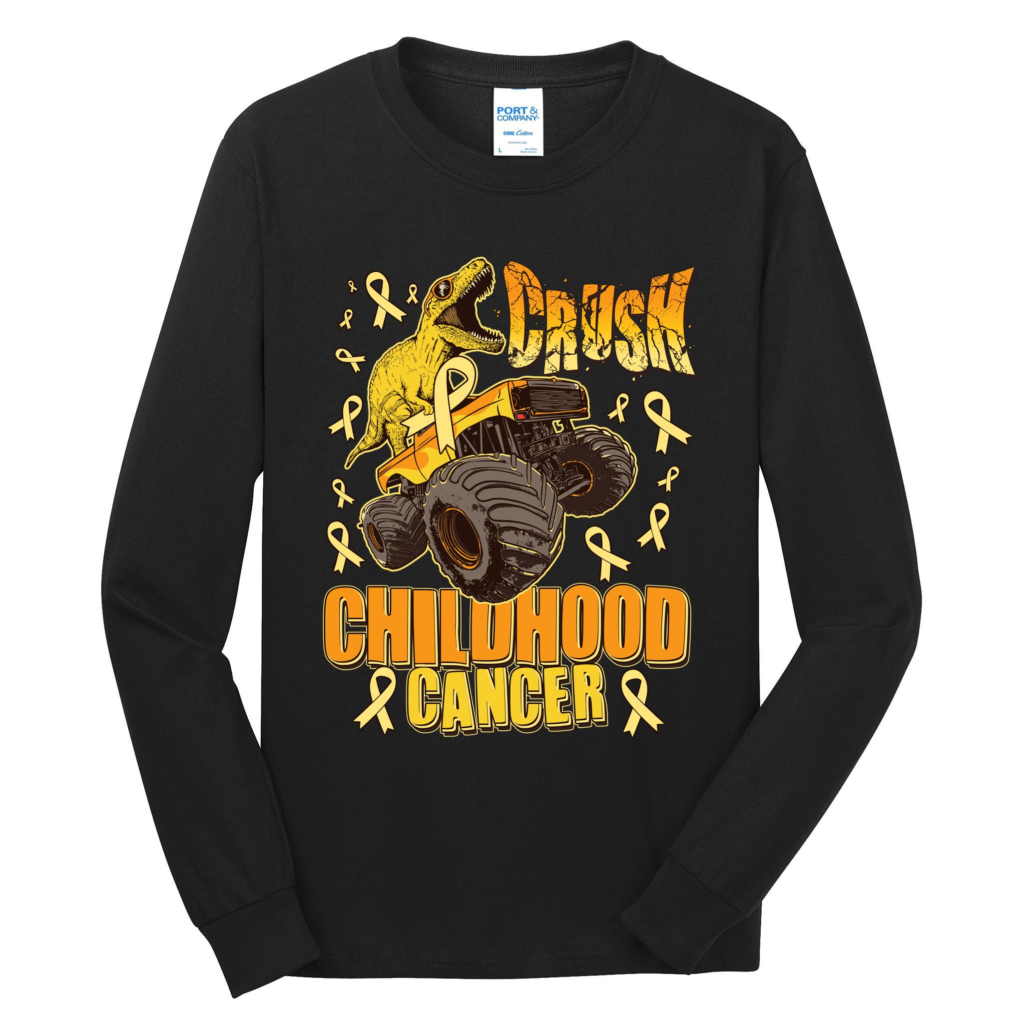 Crush Childhood Cancer Trex Dinosaur Monster Truck Wear Yellow Gold Tall Long Sleeve T-Shirt