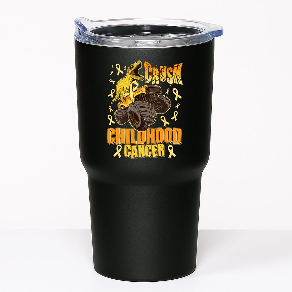 Crush Childhood Cancer Trex Dinosaur Monster Truck Wear Yellow Gold Tumbler