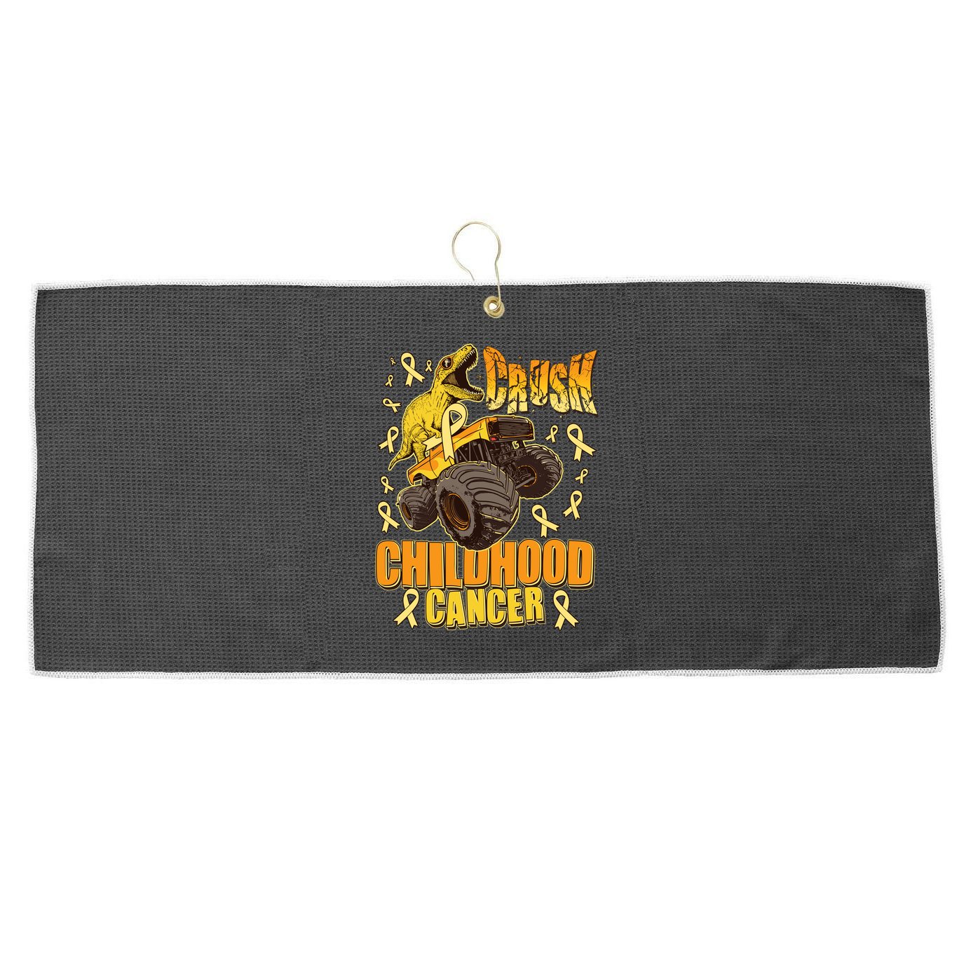 Crush Childhood Cancer Trex Dinosaur Monster Truck Wear Yellow Gold Large Microfiber Waffle Golf Towel