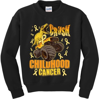 Crush Childhood Cancer Trex Dinosaur Monster Truck Wear Yellow Gold Kids Sweatshirt