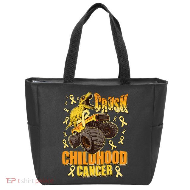 Crush Childhood Cancer Trex Dinosaur Monster Truck Wear Yellow Gold Zip Tote Bag