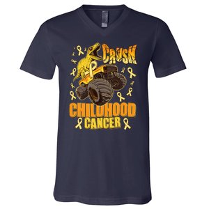 Crush Childhood Cancer Trex Dinosaur Monster Truck Wear Yellow Gold V-Neck T-Shirt