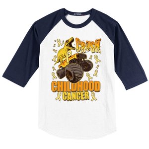 Crush Childhood Cancer Trex Dinosaur Monster Truck Wear Yellow Gold Baseball Sleeve Shirt