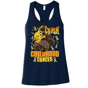 Crush Childhood Cancer Trex Dinosaur Monster Truck Wear Yellow Gold Women's Racerback Tank