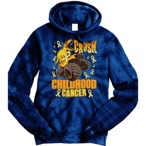 Crush Childhood Cancer Trex Dinosaur Monster Truck Wear Yellow Gold Tie Dye Hoodie