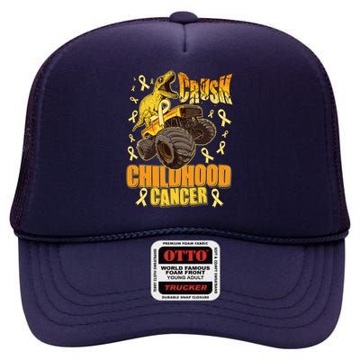 Crush Childhood Cancer Trex Dinosaur Monster Truck Wear Yellow Gold High Crown Mesh Back Trucker Hat