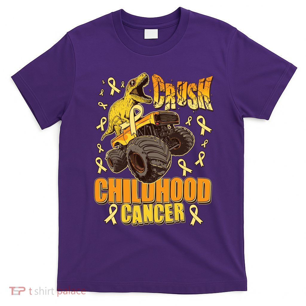 Crush Childhood Cancer Trex Dinosaur Monster Truck Wear Yellow Gold T-Shirt