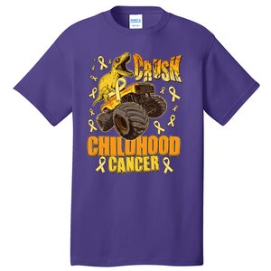 Crush Childhood Cancer Trex Dinosaur Monster Truck Wear Yellow Gold Tall T-Shirt