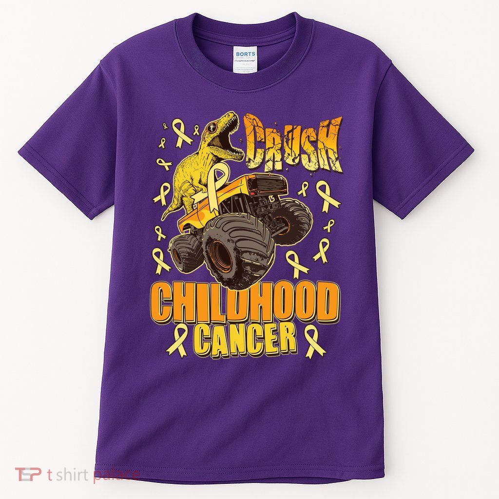 Crush Childhood Cancer Trex Dinosaur Monster Truck Wear Yellow Gold Tall T-Shirt