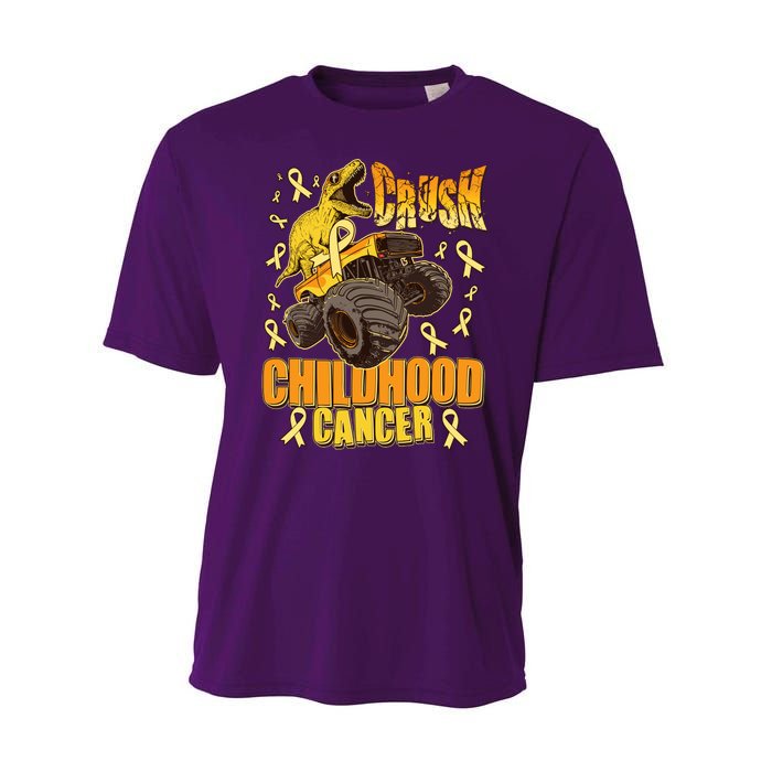 Crush Childhood Cancer Trex Dinosaur Monster Truck Wear Yellow Gold Performance Sprint T-Shirt