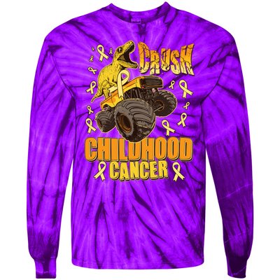 Crush Childhood Cancer Trex Dinosaur Monster Truck Wear Yellow Gold Tie-Dye Long Sleeve Shirt