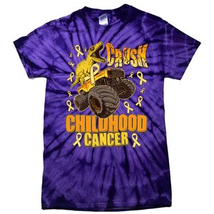 Crush Childhood Cancer Trex Dinosaur Monster Truck Wear Yellow Gold Tie-Dye T-Shirt