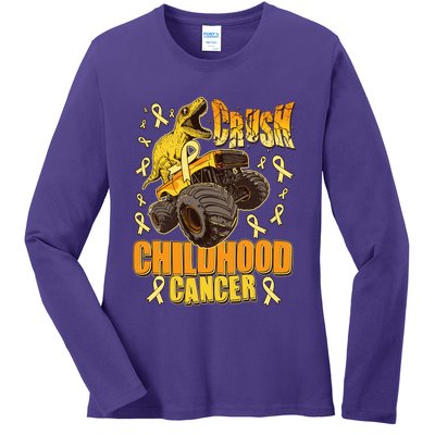 Crush Childhood Cancer Trex Dinosaur Monster Truck Wear Yellow Gold Ladies Long Sleeve Shirt