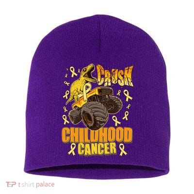 Crush Childhood Cancer Trex Dinosaur Monster Truck Wear Yellow Gold Short Acrylic Beanie