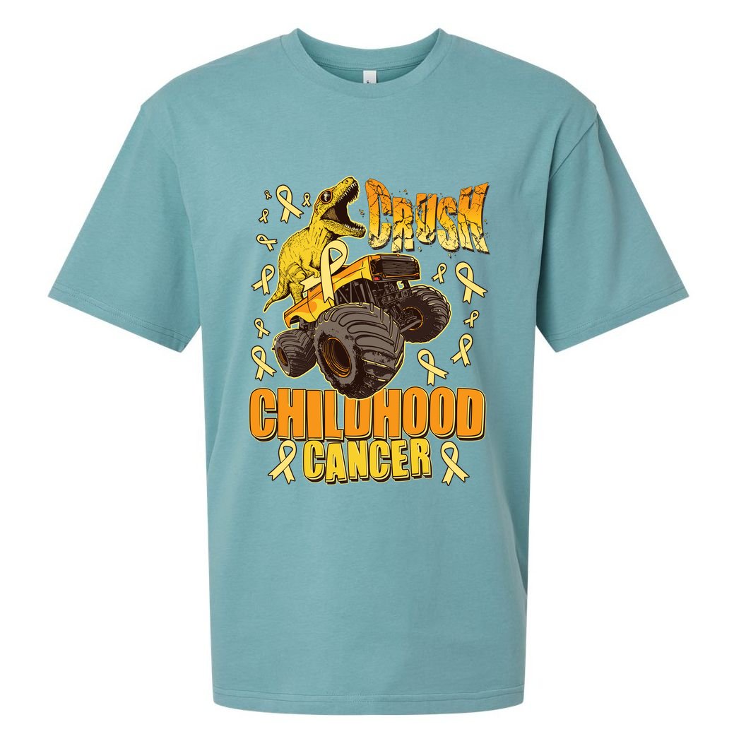 Crush Childhood Cancer Trex Dinosaur Monster Truck Wear Yellow Gold Sueded Cloud Jersey T-Shirt