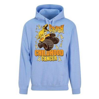 Crush Childhood Cancer Trex Dinosaur Monster Truck Wear Yellow Gold Unisex Surf Hoodie