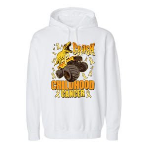 Crush Childhood Cancer Trex Dinosaur Monster Truck Wear Yellow Gold Garment-Dyed Fleece Hoodie