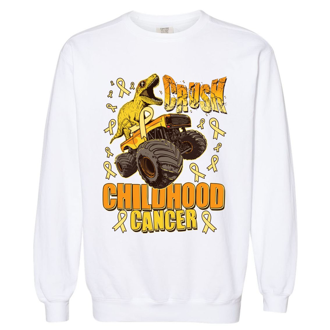 Crush Childhood Cancer Trex Dinosaur Monster Truck Wear Yellow Gold Garment-Dyed Sweatshirt